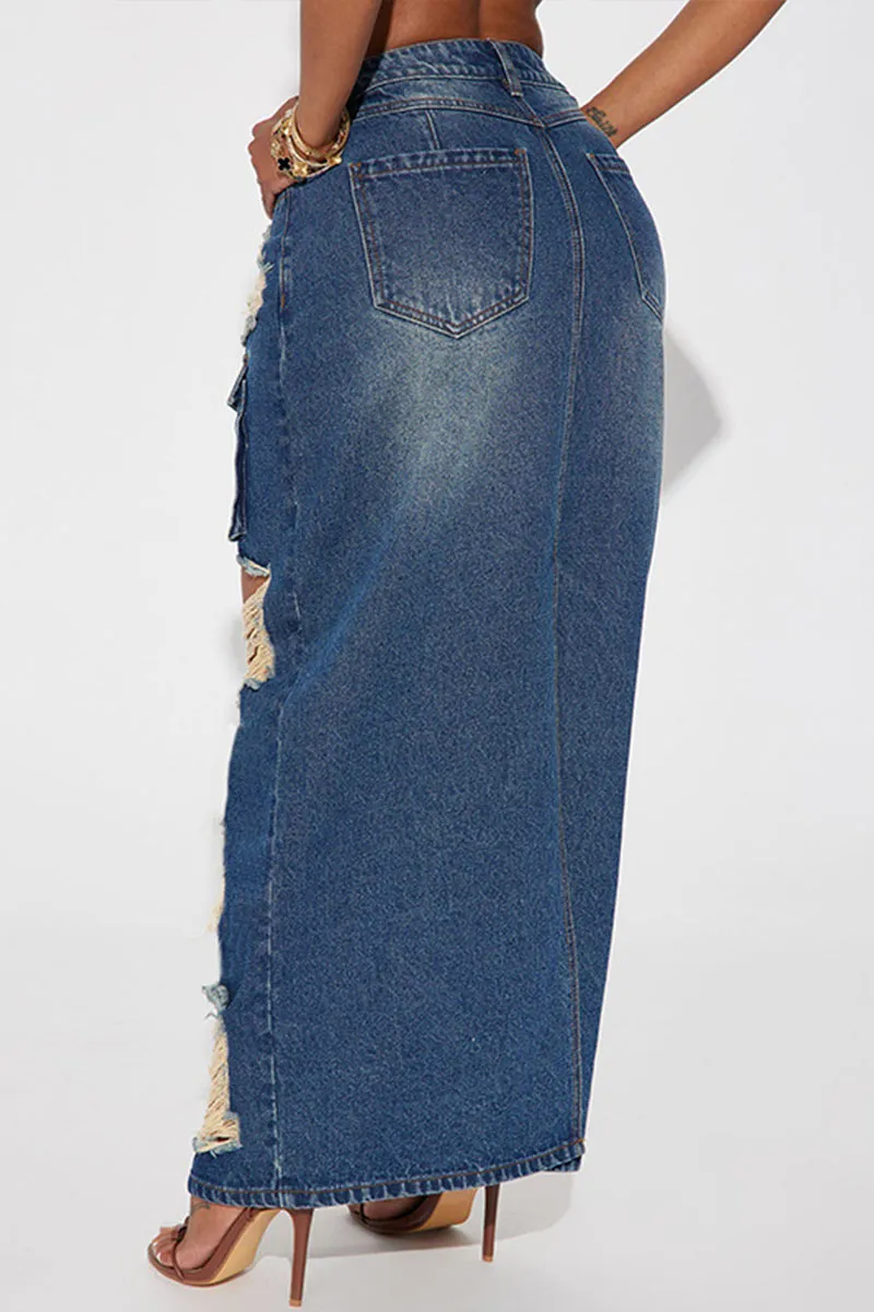 QI800 Distressed Denim Maxi Skirt