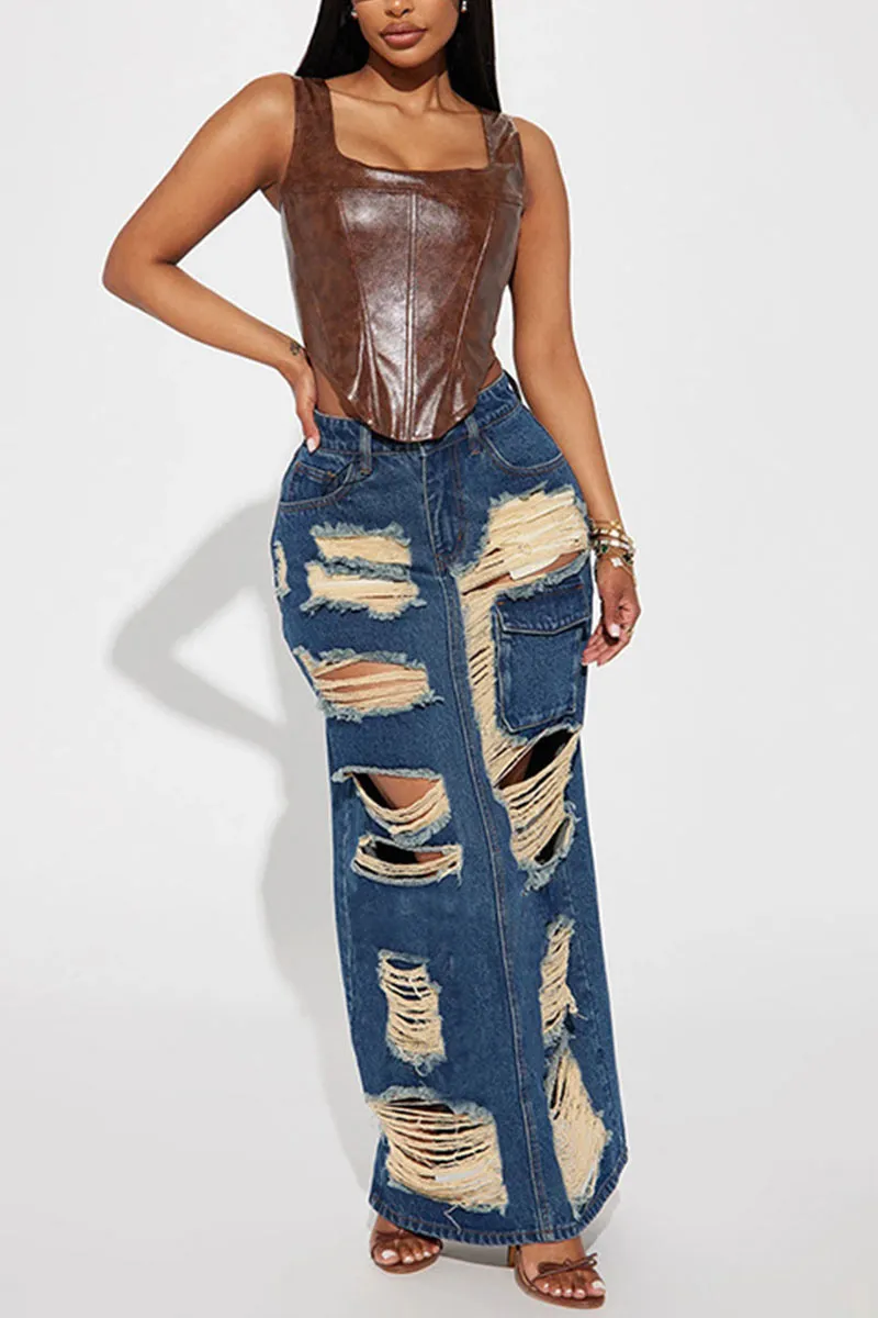 QI800 Distressed Denim Maxi Skirt