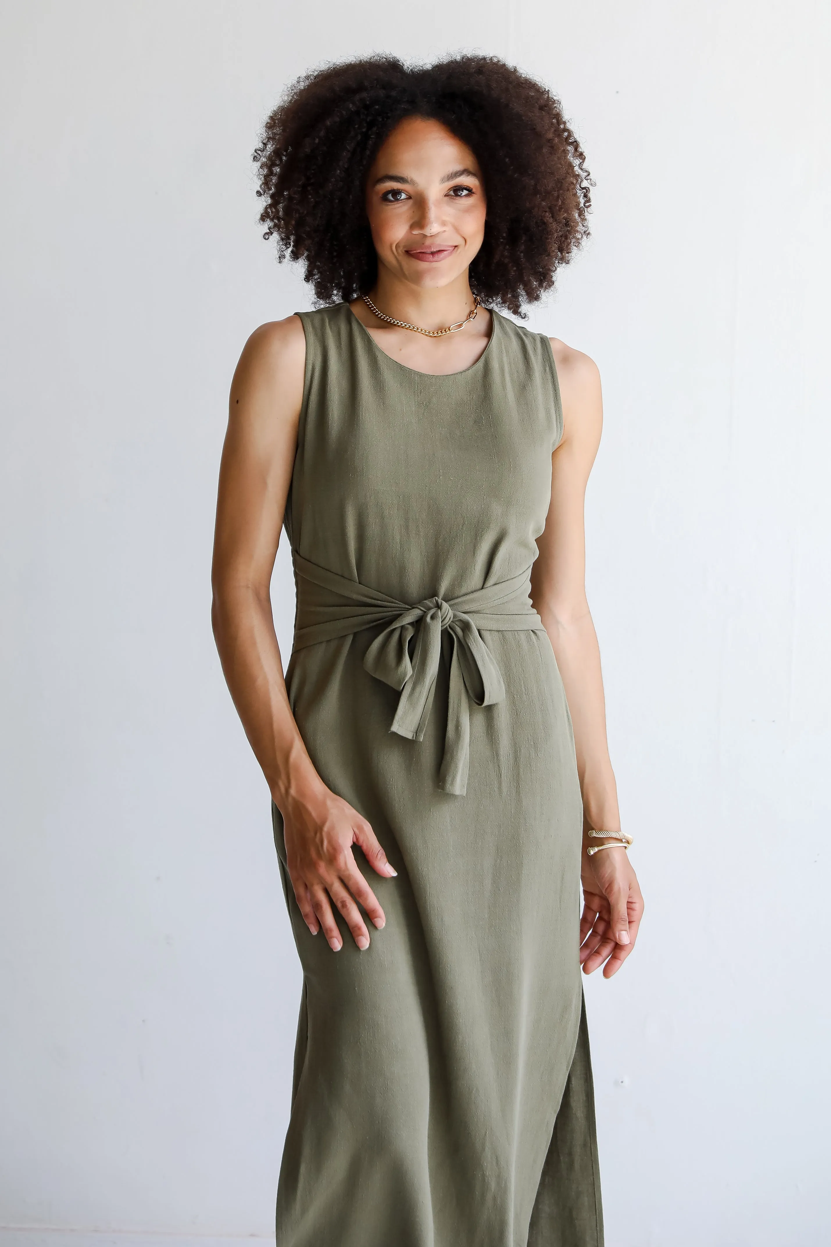 Relaxed Charm Olive Linen Tie-Front Maxi Dress
