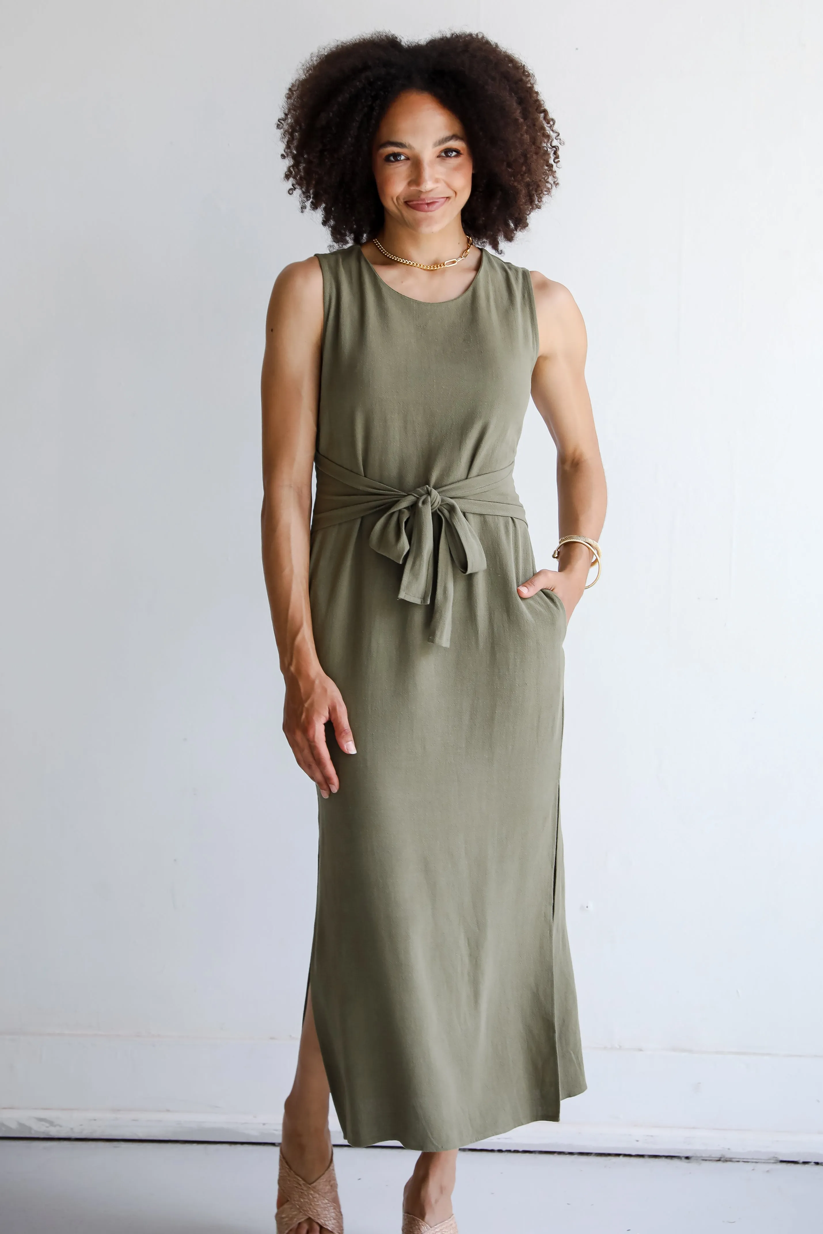 Relaxed Charm Olive Linen Tie-Front Maxi Dress
