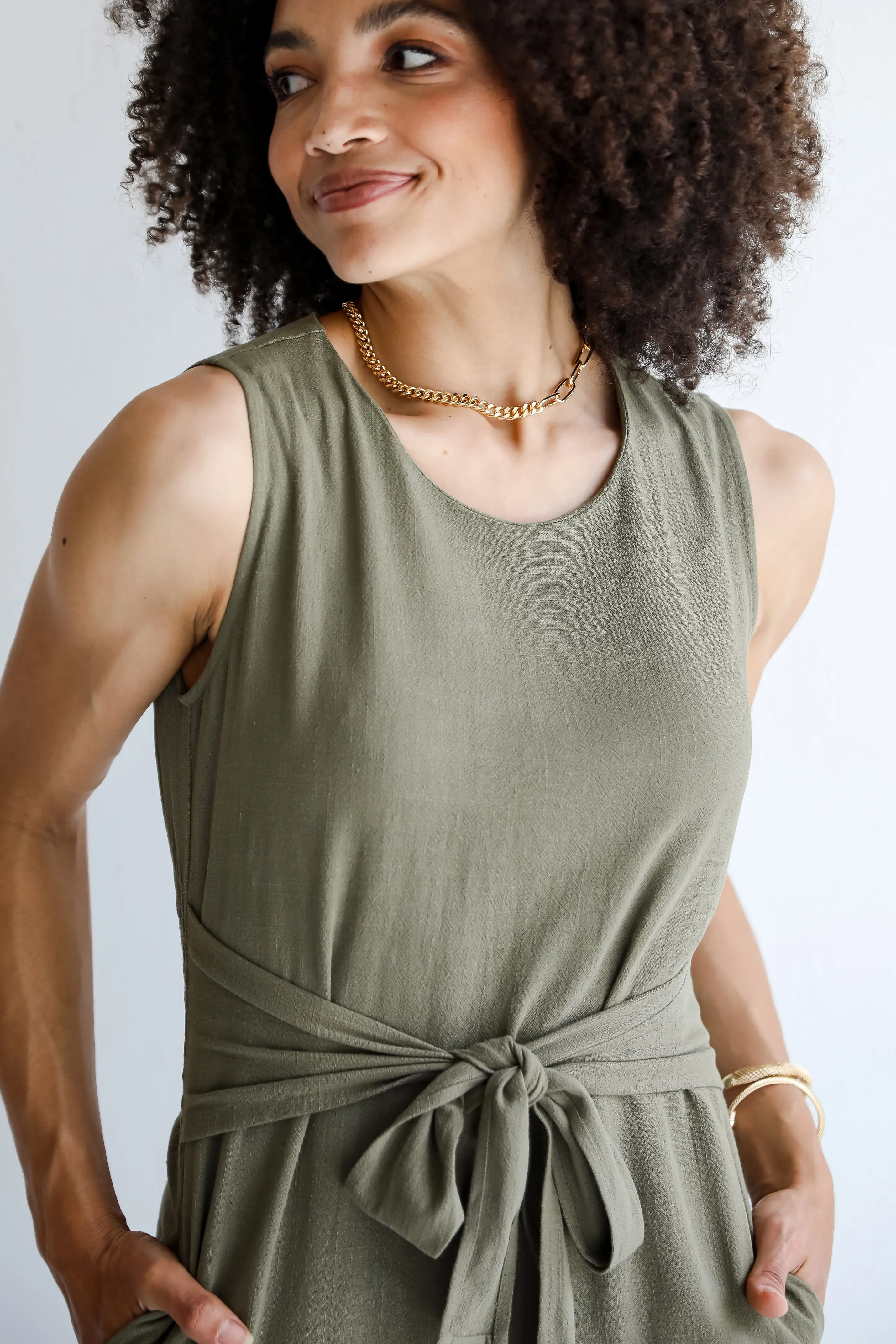 Relaxed Charm Olive Linen Tie-Front Maxi Dress