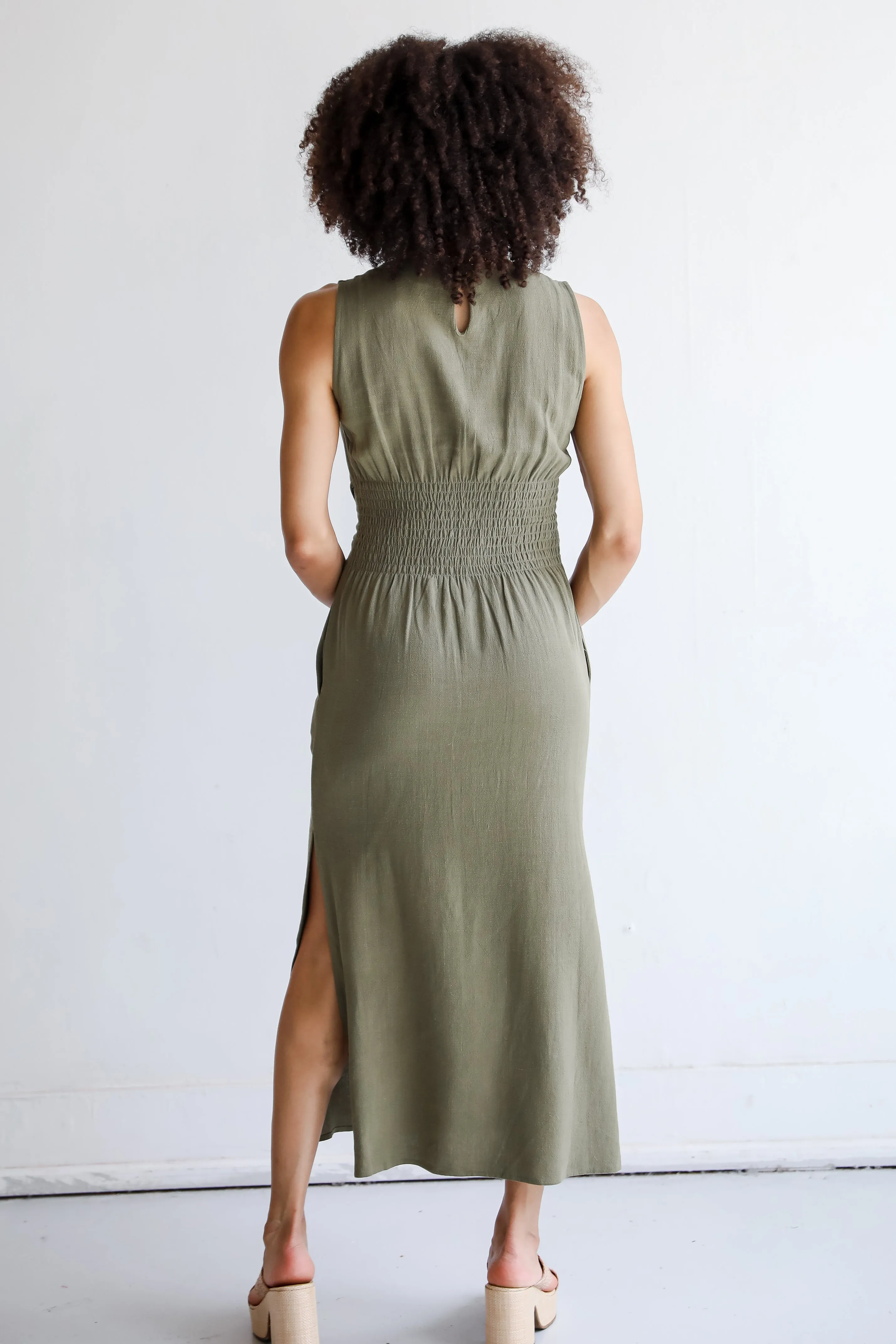 Relaxed Charm Olive Linen Tie-Front Maxi Dress