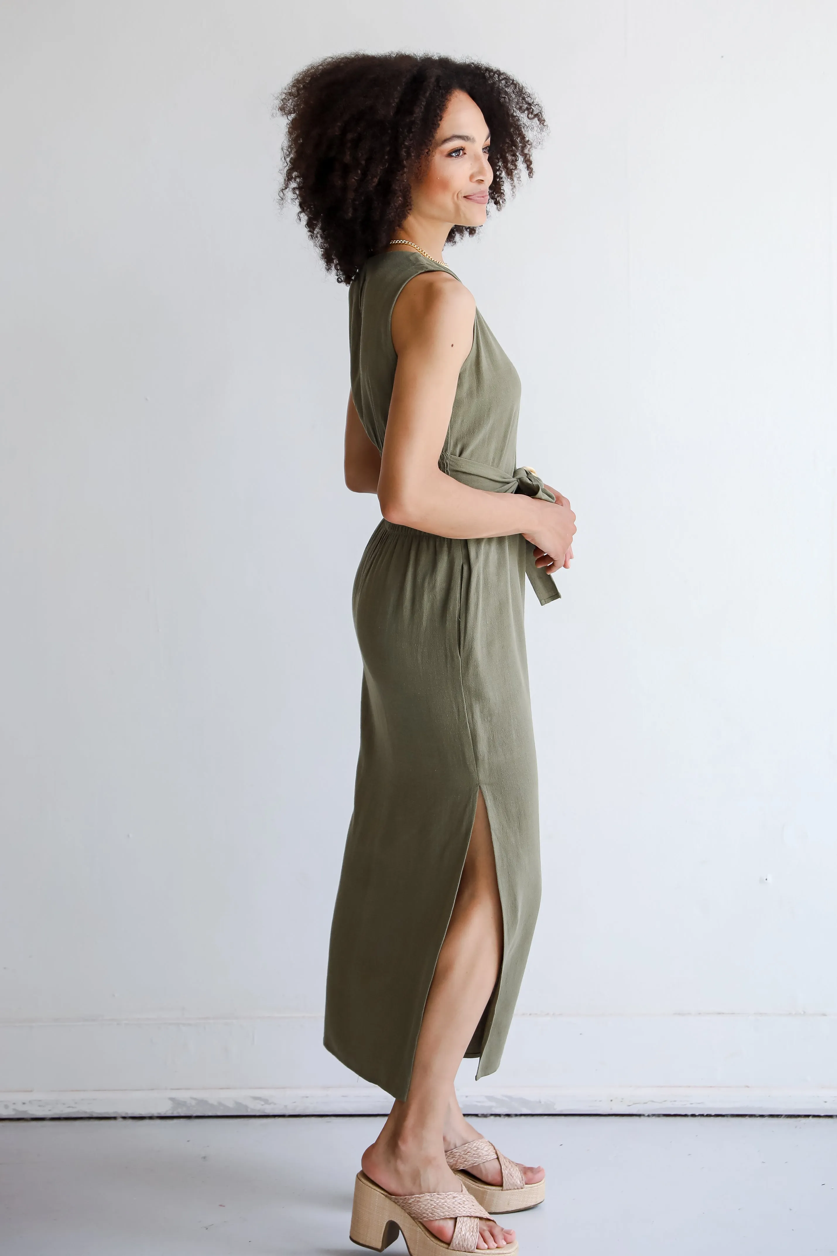 Relaxed Charm Olive Linen Tie-Front Maxi Dress