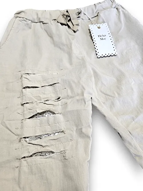 RIPPED PANTS LINEN LIGHT BEIGE