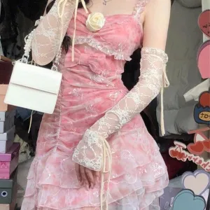 Shimmering Vanilla and Raspberry Rose    Dress and Gloves Set Kawaii Academia Y2K Cottagecore Coquette Fairycore Dollette Princesscore