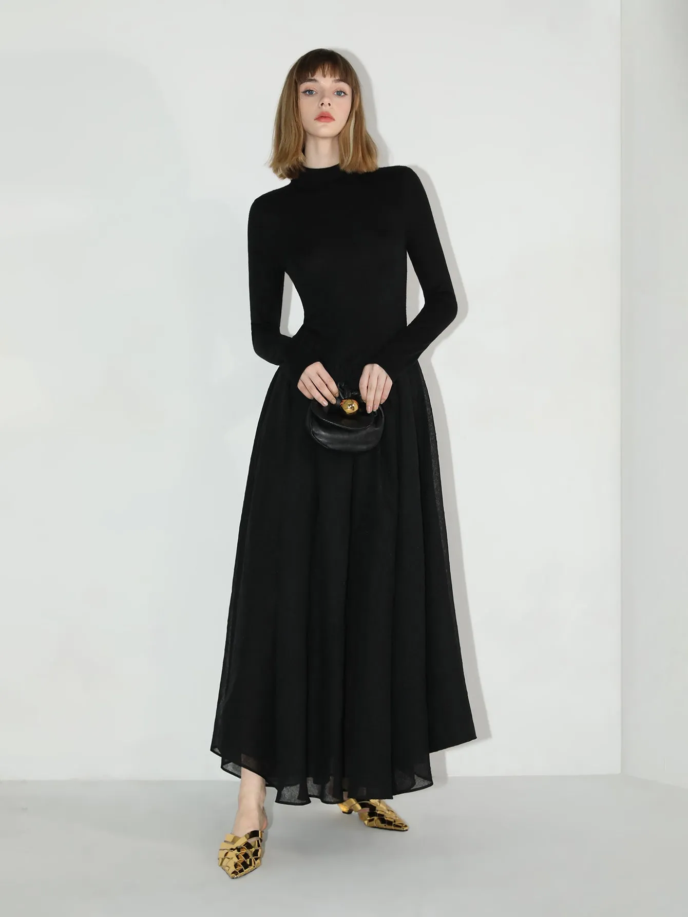 Solid Black Pleated Maxi Dress
