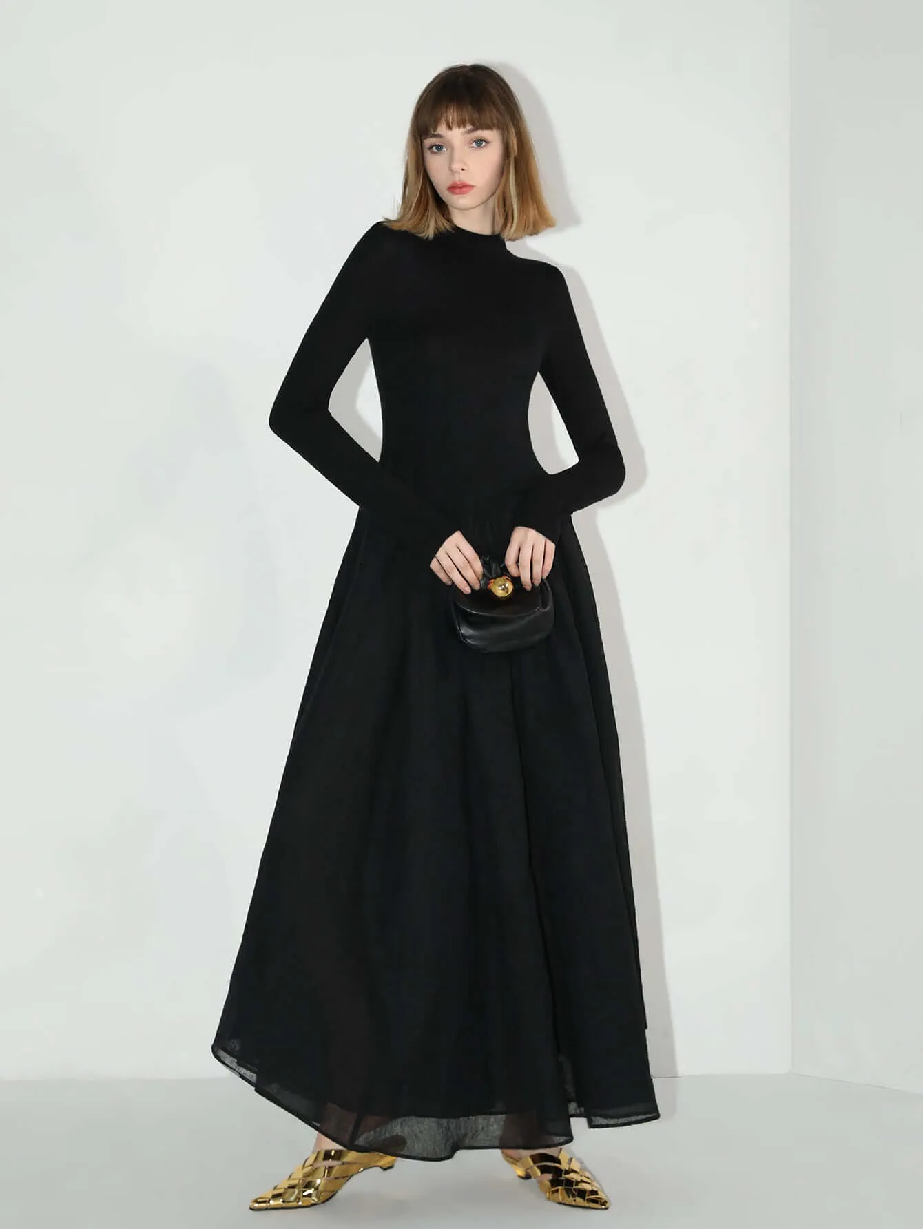Solid Black Pleated Maxi Dress