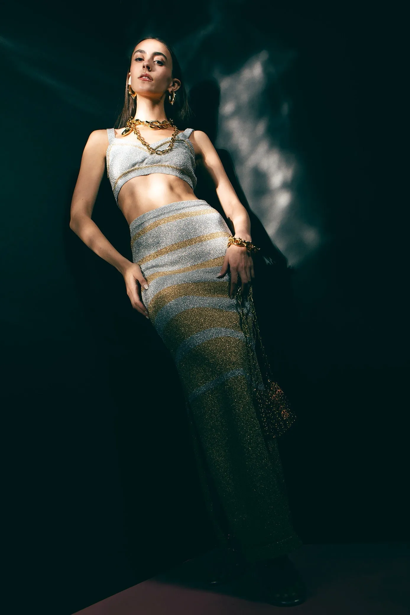 Striped Metallic Maxi Skirt