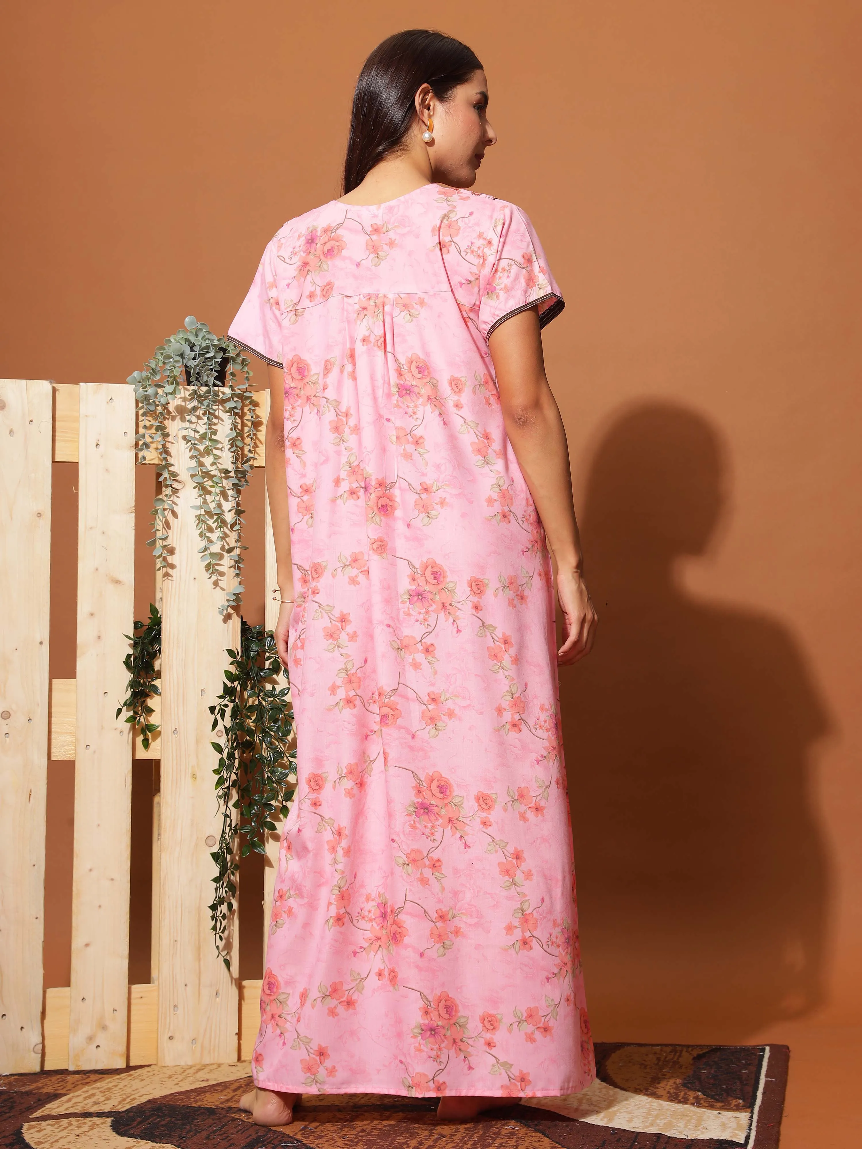 Stylish Neon Pink Floral Maxi Nightgown with Intricate Neck Embroidery