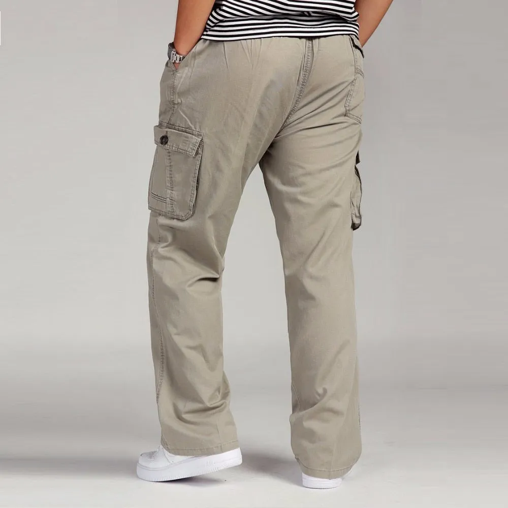 Summer Men Elastic Waist Multi-Pocket Long Baggy Straight Cargo Jogger Trousers