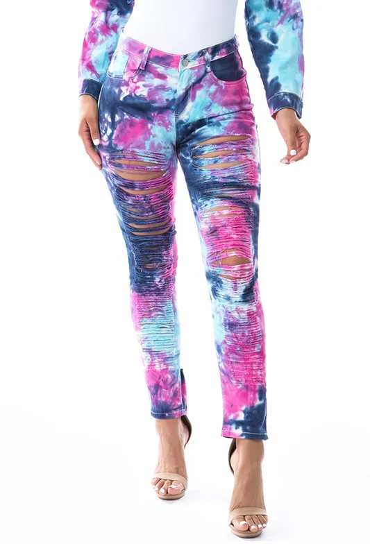 TIE DRY MULTI CUTSKINNIE JEANS