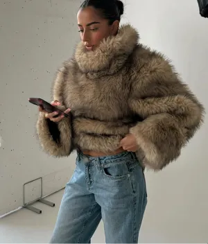 Turtleneck faux fur fluffy coat