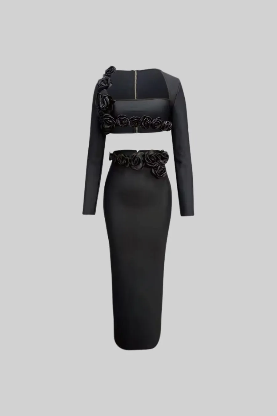 Two Piece Flower Detail Top and Maxi Skirt - Black