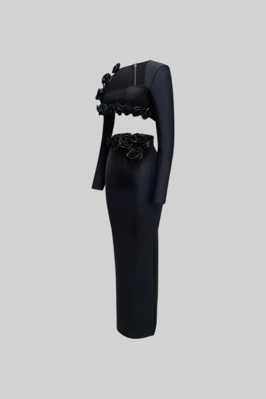 Two Piece Flower Detail Top and Maxi Skirt - Black