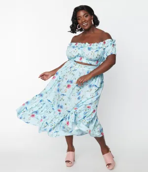 Unique Vintage Plus Size 1970s Blue Floral & Blue Bird Tiered Midi Skirt