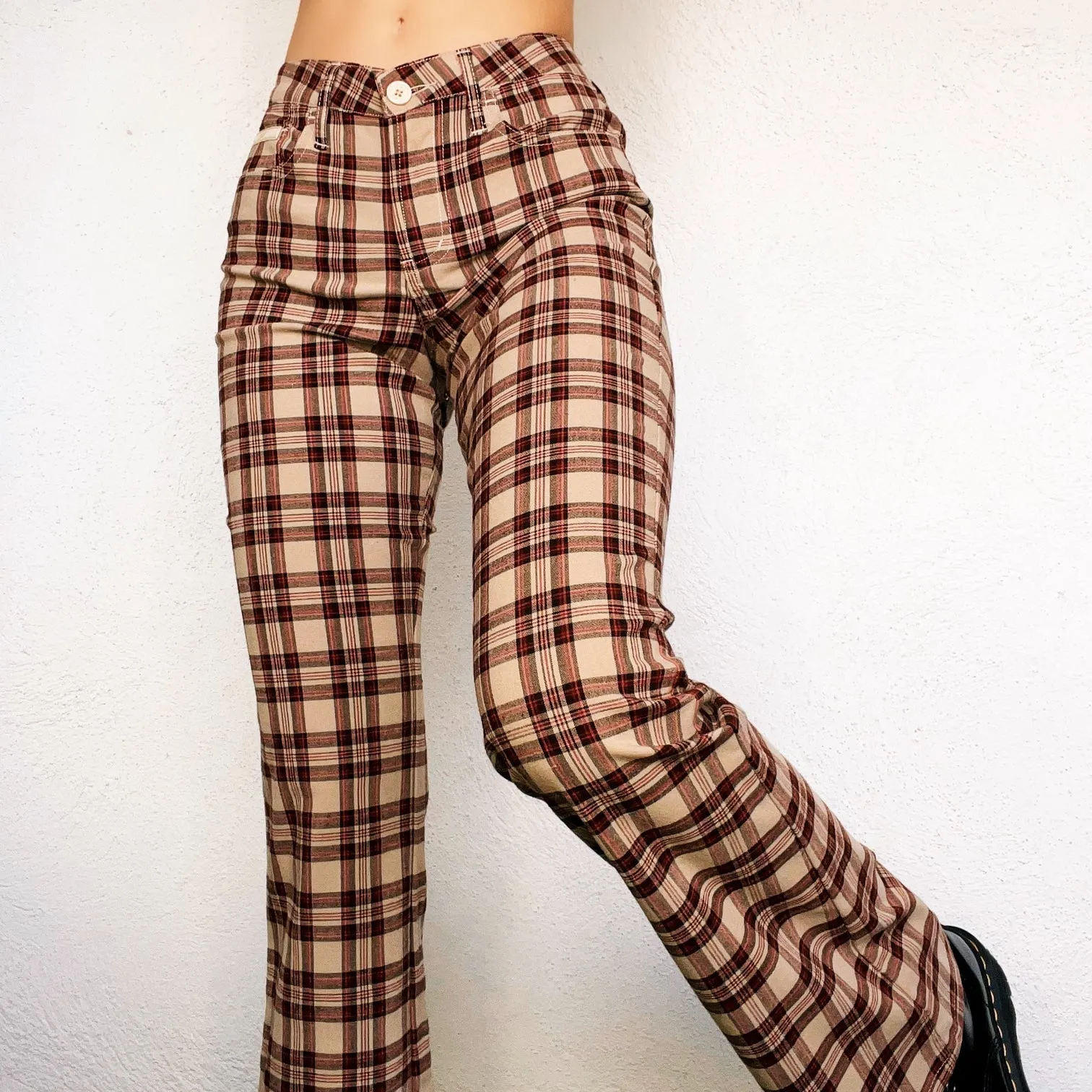 Vintage Beige & Red Plaid Flare Pants