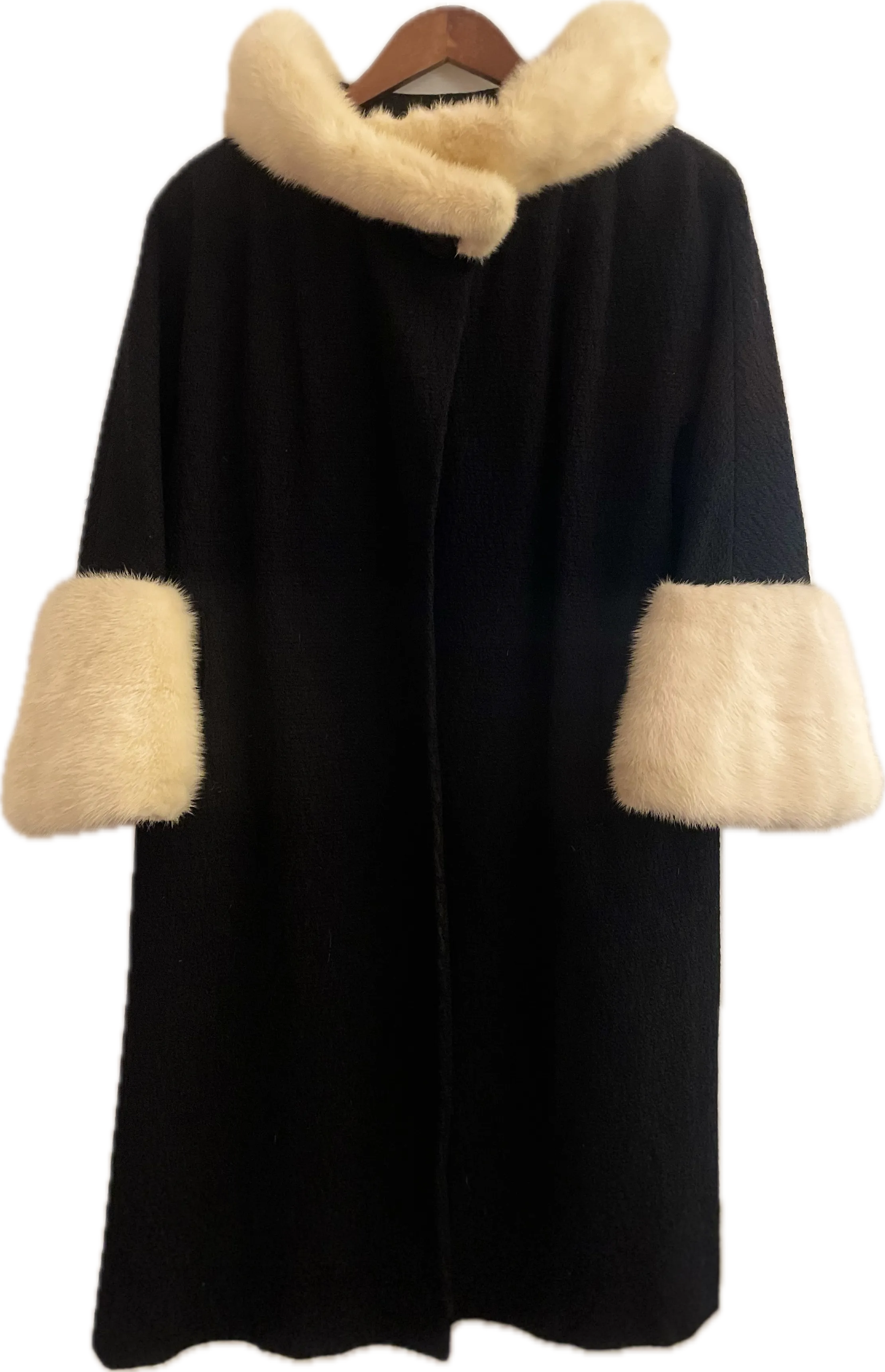 Vintage Black Wool & Fur Trim Swing Coat: Size S/M