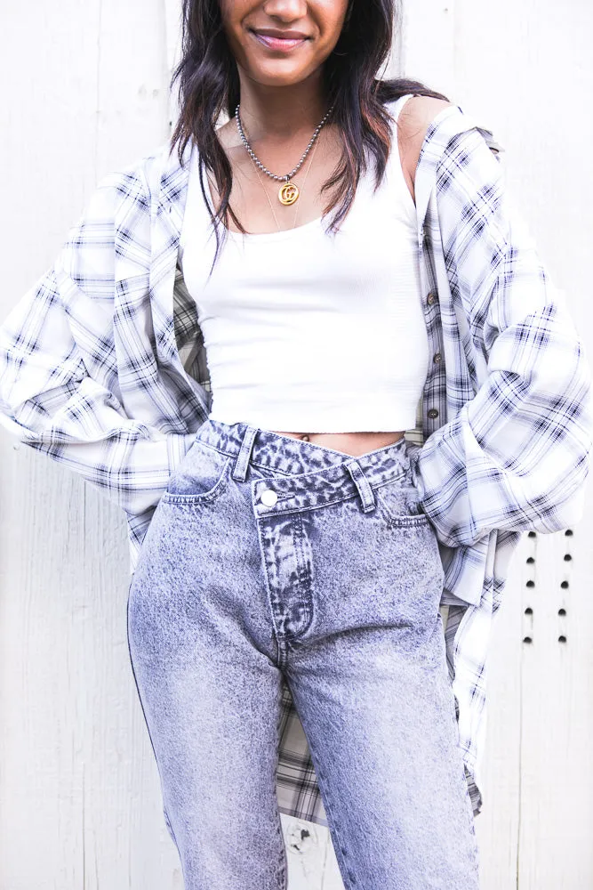 Washed Grey Asymetrical Button Denim