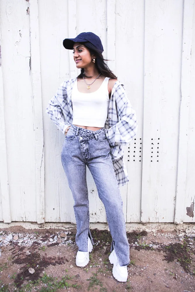 Washed Grey Asymetrical Button Denim