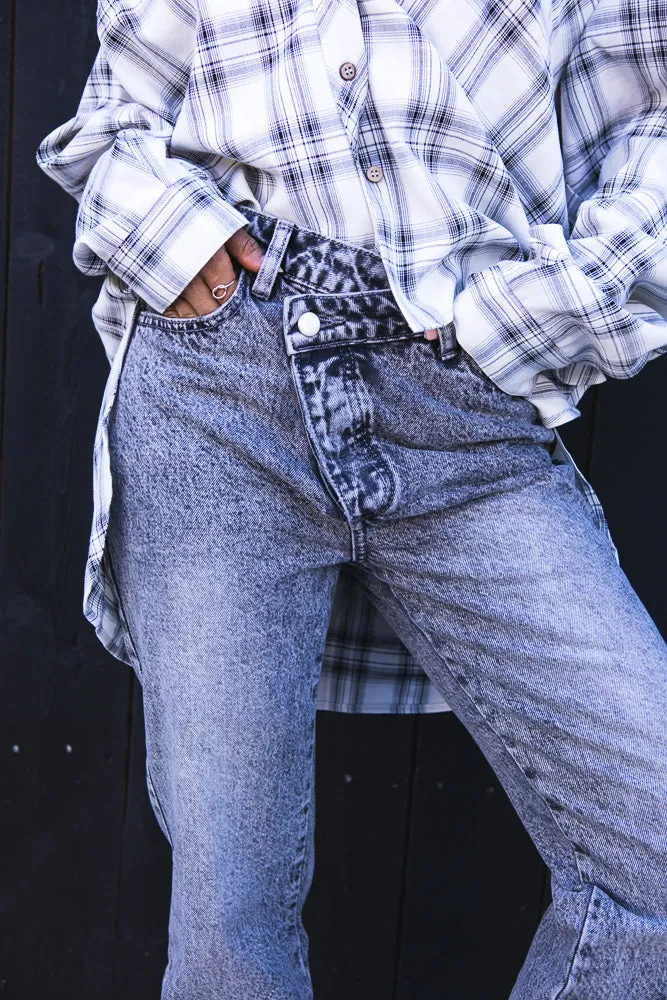 Washed Grey Asymetrical Button Denim