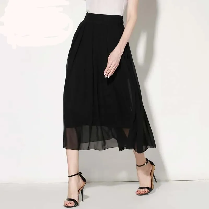 Woman Long Pleated Chiffon Skirt Solid Black High Waist Elastic Chiffon Skirt Office Elegant Maxi Elegant Pleated Skirt S4285767