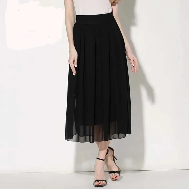 Woman Long Pleated Chiffon Skirt Solid Black High Waist Elastic Chiffon Skirt Office Elegant Maxi Elegant Pleated Skirt S4285767